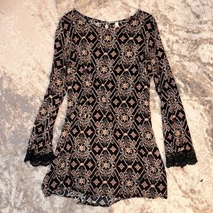 Boho Mini Black Dress With Pattern